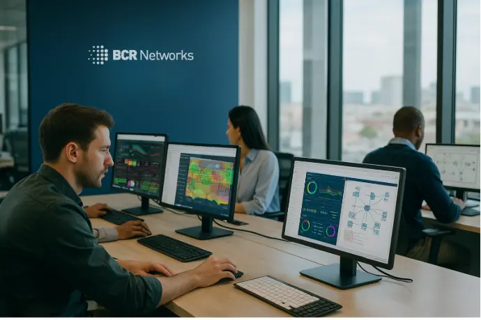 Ingenieros de redes supervisando infraestructura TI, soporte técnico y soluciones WiFi desde un centro de operaciones 24/7